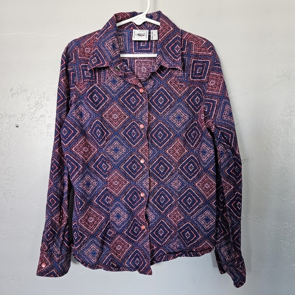 Cruel Girl Large 10 Long Sleeve Shirt Pearl Snap Blue Pink Diamond Western Rodeo